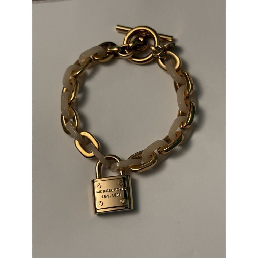 Michael Kors Gold Padlock Charm Toggle Bracelet Pink Acetate Chunky Chain Unique